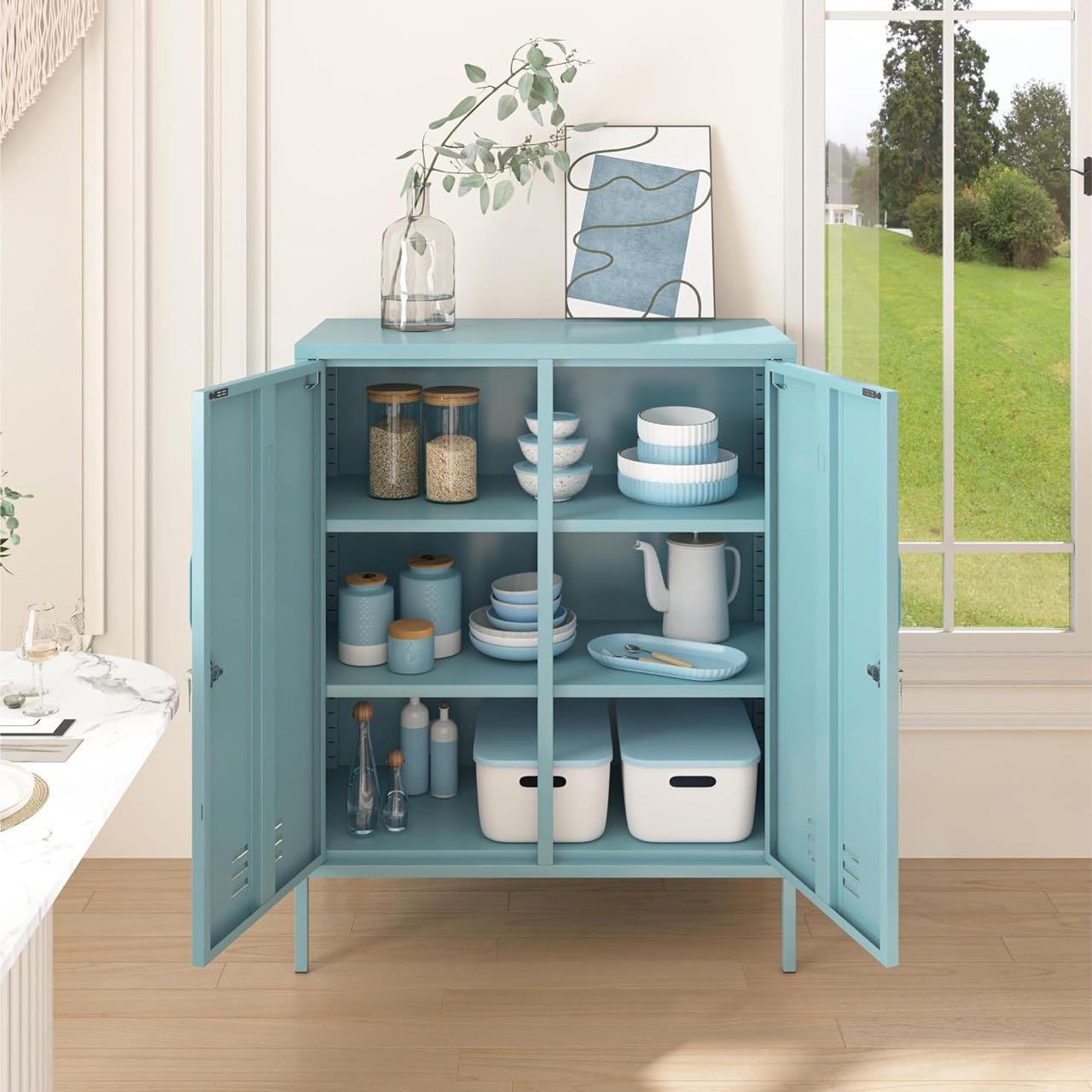 Steel Swing Door Sideboard Midi Locker Storage Cabinet Cupboard - Ocean Blue