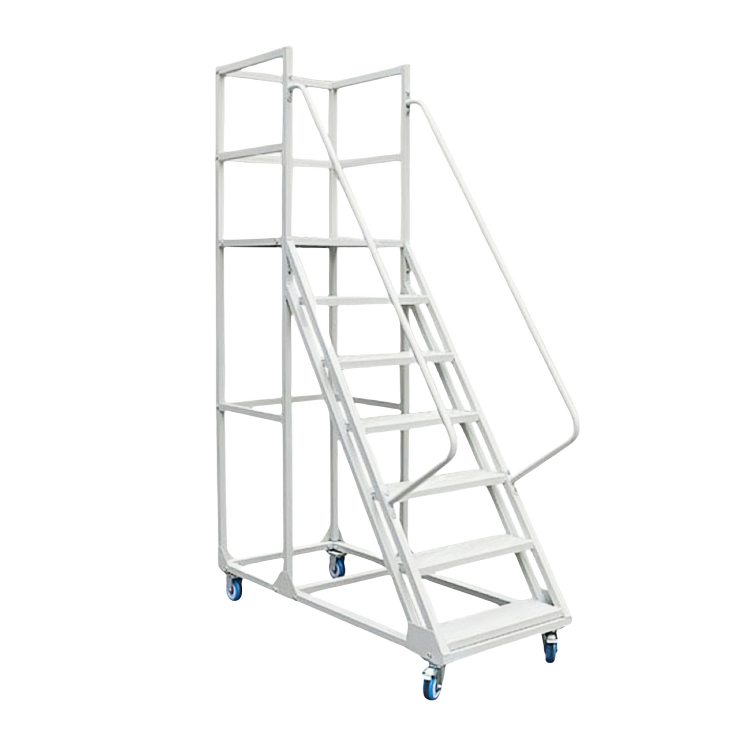 Steel 7 Step Mobile Safety Ladder With Wheels - Light Grey