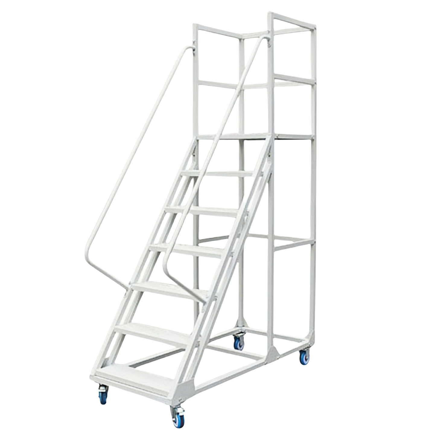 Steel 7 Step Mobile Safety Ladder With Wheels - Light Grey