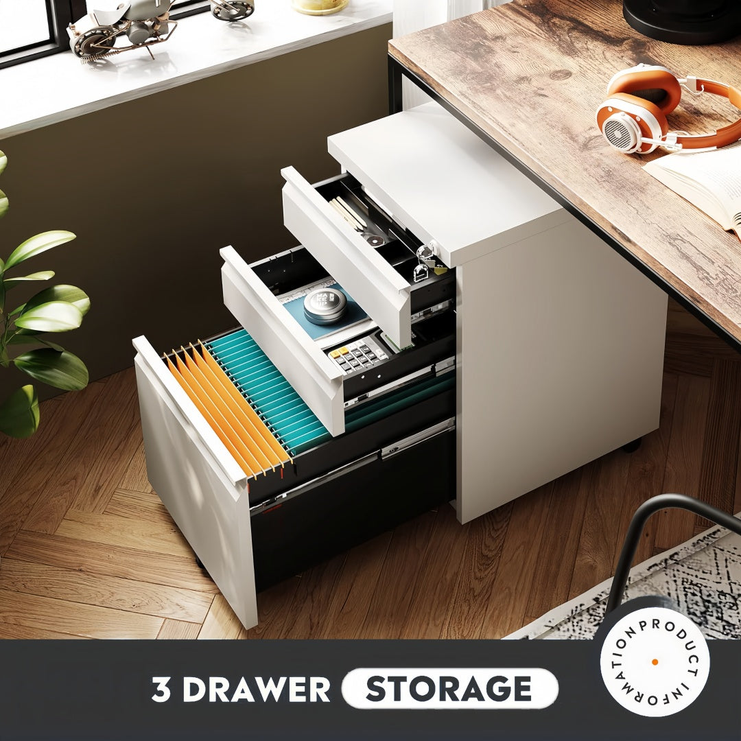 Steel 3 Drawer Swan Handle Mobile Pedestal Filing Cabinet Locker - White