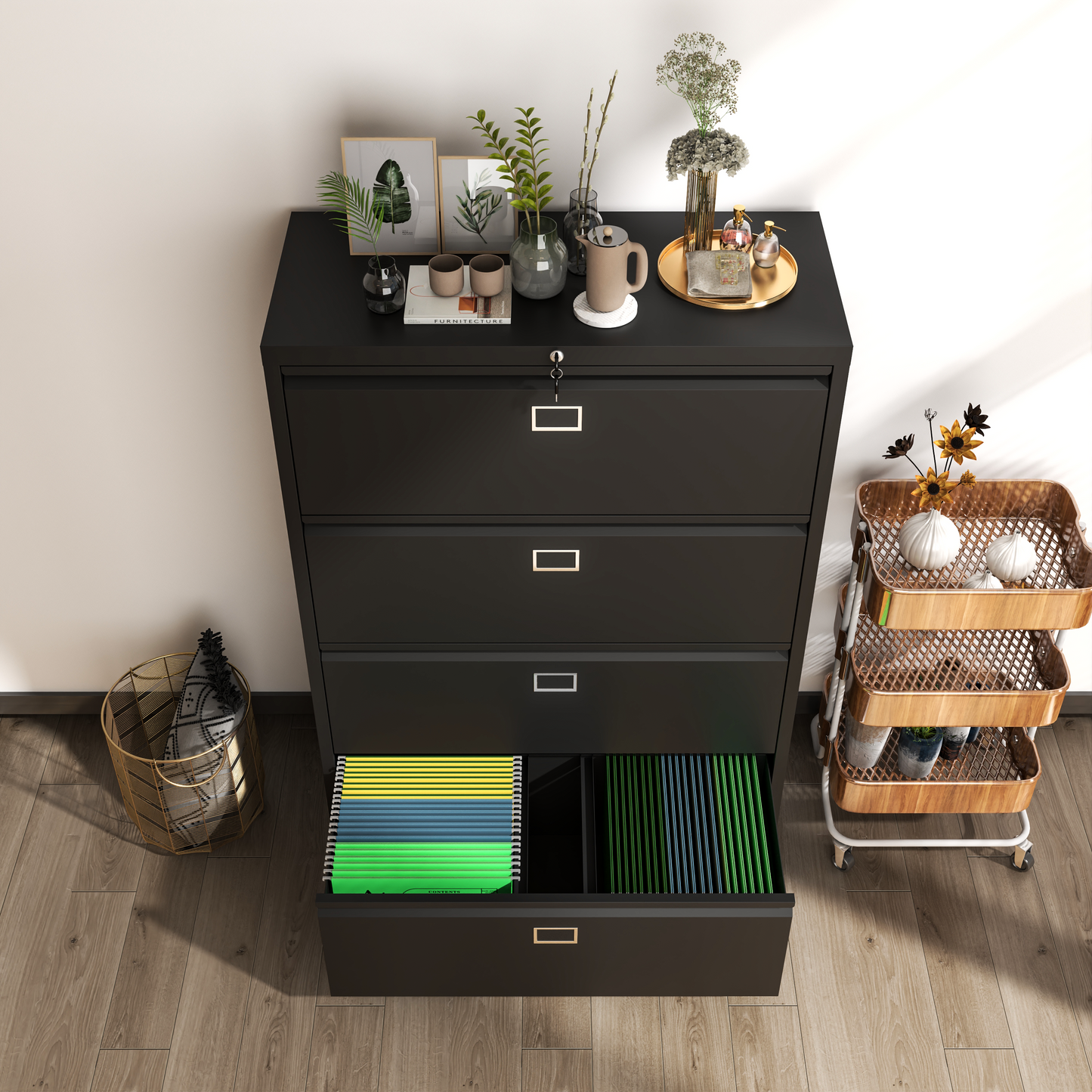 Steel Lateral 4 Drawer Filing Cabinet Cupboard Locker Swan Handle With Card Slots