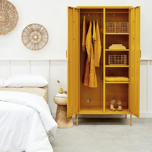 Steel Swing Door Wardrobe Twinny Locker Storage Cabinet Cupboard - Mustard Yellow
