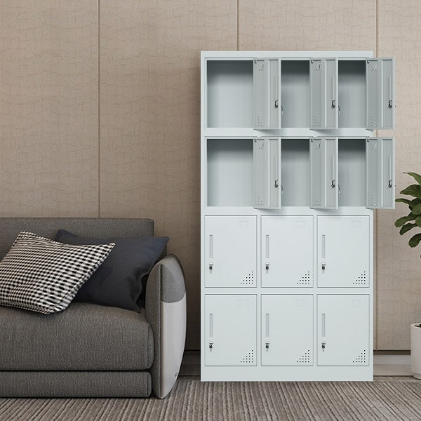 Steel 12 Door Locker Cupboard Storage Cabinet Inner Handle With Lock - Light Grey