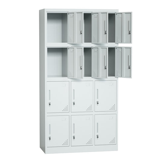 Steel 12 Door Locker Cupboard Storage Cabinet Inner Handle With Lock - Light Grey
