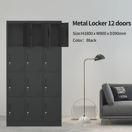 Steel 12 Door Locker Cupboard Storage Cabinet Inner Handle With Lock - Black