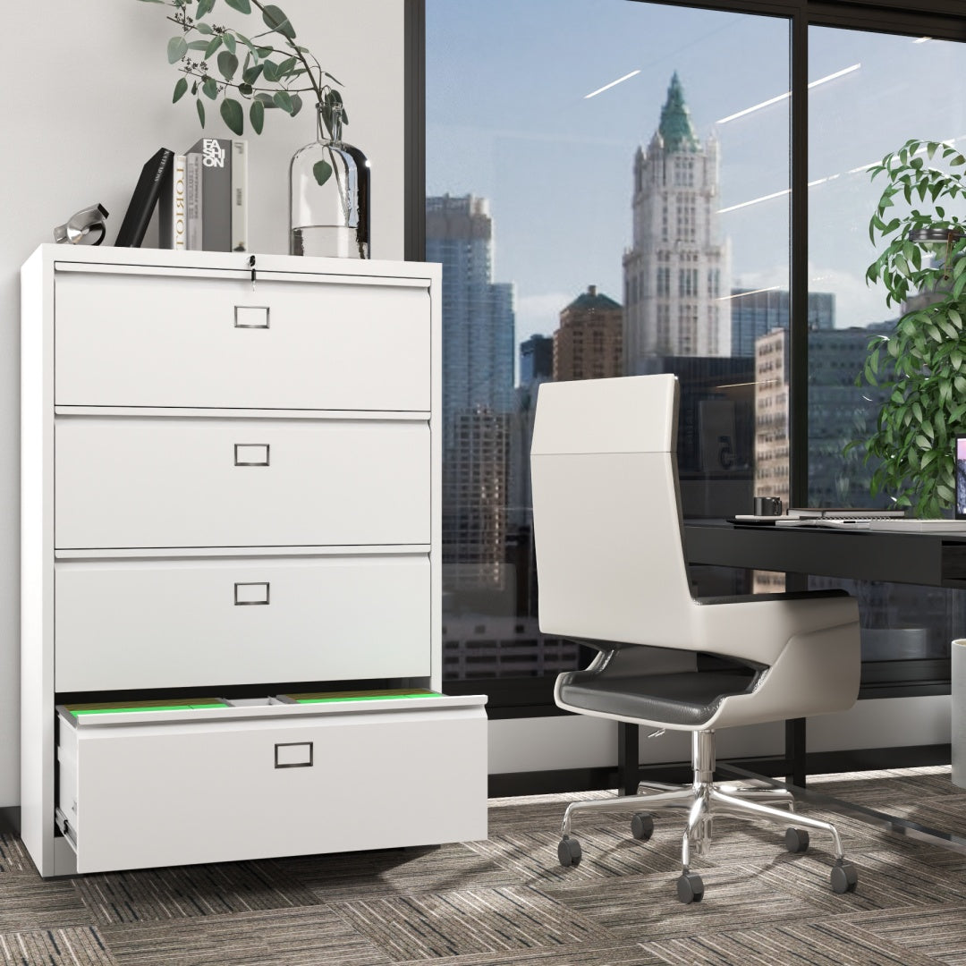 Steel Lateral 4 Drawer Filing Cabinet Cupboard Locker Swan Handle With Card Slots - White