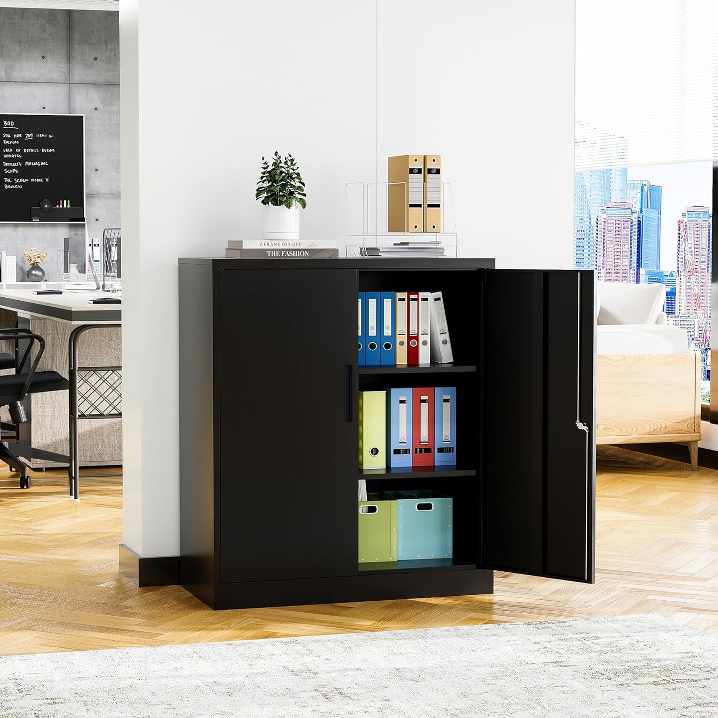 Steel Swing Door Small Size Filing Cabinet Storage Cupboard Locker - Black