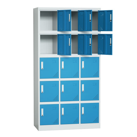 Steel 15 Door Locker Cupboard Storage Cabinet Inner Handle With Lock - Blue and Light Grey