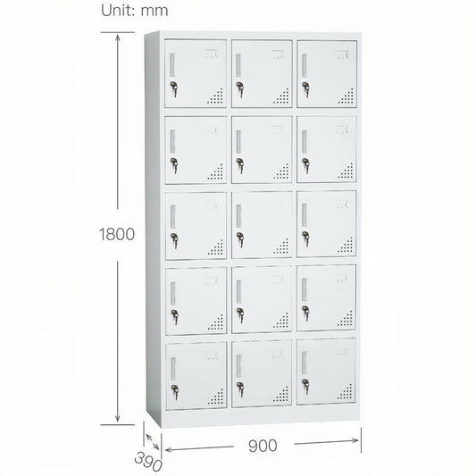 Steel 15 Door Locker Cupboard Storage Cabinet Inner Handle With Lock - Light Grey