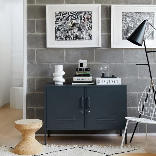 Steel Swing Door TV Stand Locker Lowdown Storage Cabinet Cupboard - Black