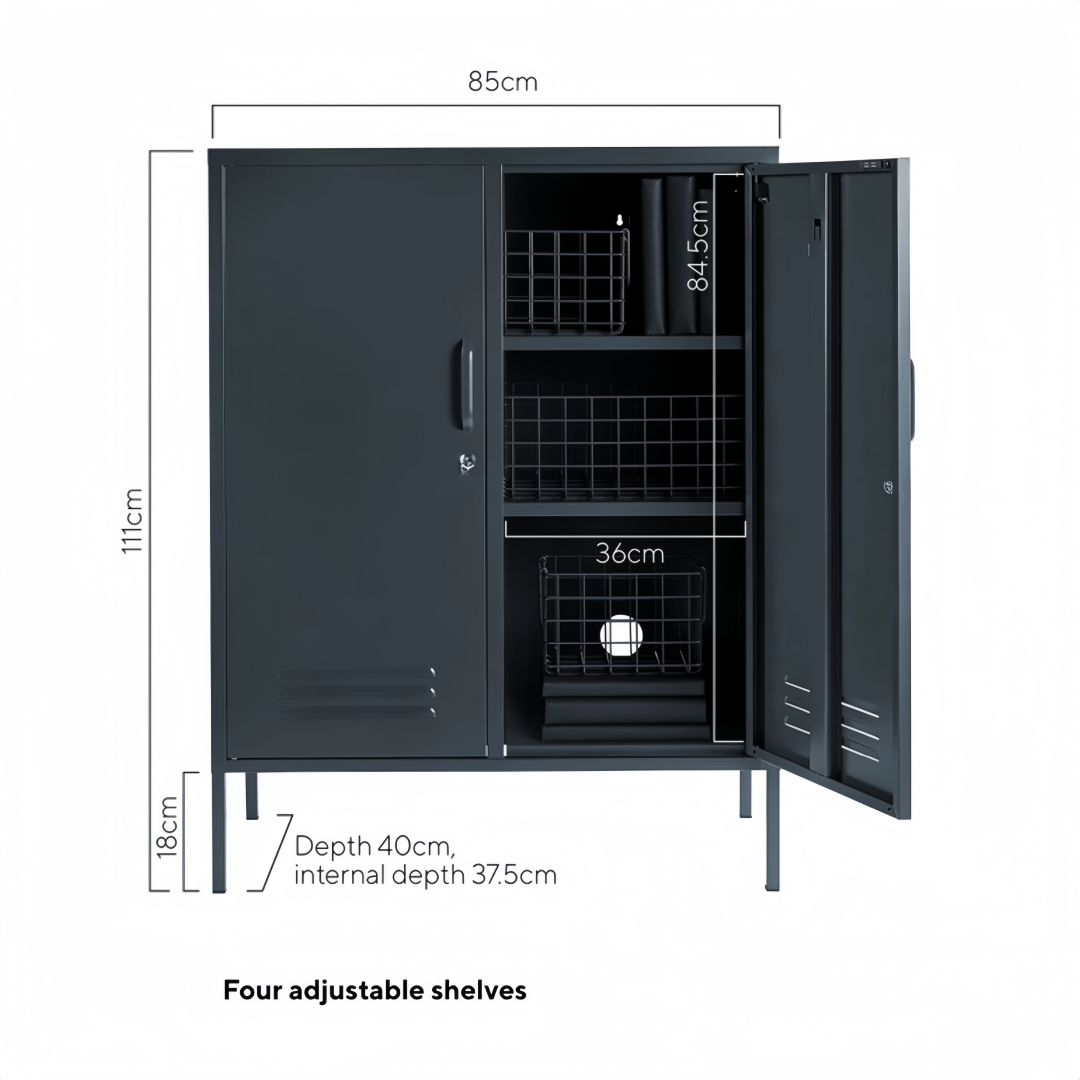 Steel Swing Door Sideboard Midi Locker Storage Cabinet Cupboard - Black