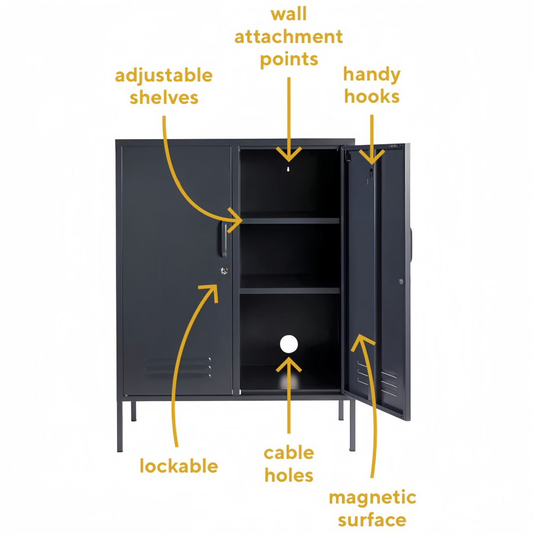 Steel Swing Door Sideboard Midi Locker Storage Cabinet Cupboard - Black