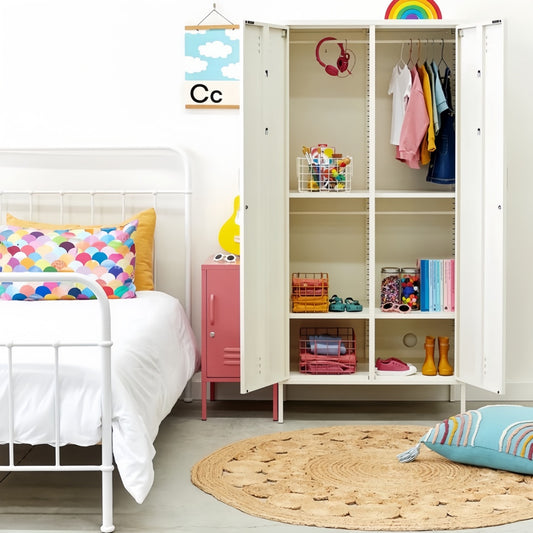 Steel Swing Door Wardrobe Twinny Locker Storage Cabinet Cupboard - White