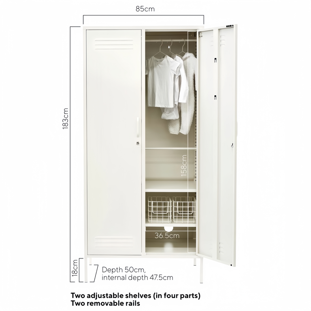 Steel Swing Door Wardrobe Twinny Locker Storage Cabinet Cupboard - White