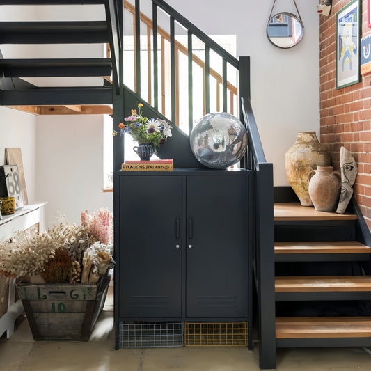 Steel Swing Door Sideboard Midi Locker Storage Cabinet Cupboard - Black