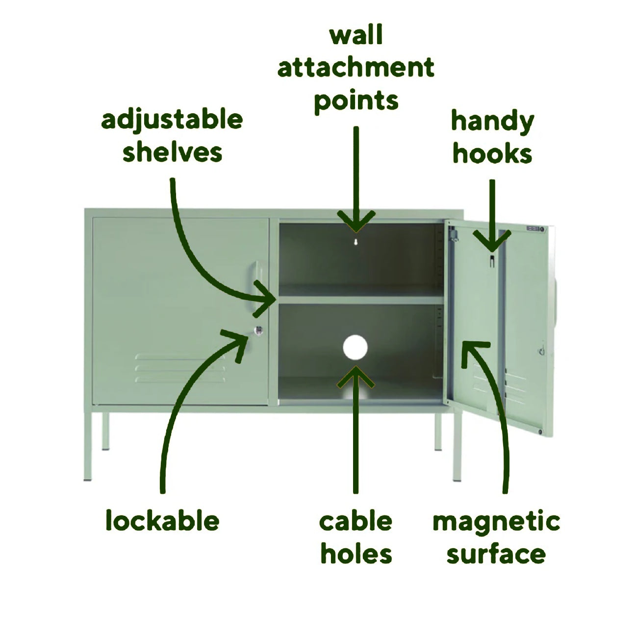 Steel Swing Door TV Stand Locker Lowdown Storage Cabinet Cupboard - Matcha Green