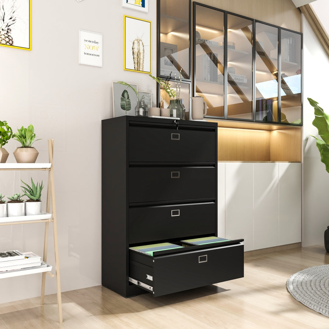 Steel Lateral 4 Drawer Filing Cabinet Cupboard Locker Swan Handle With Card Slots - Black