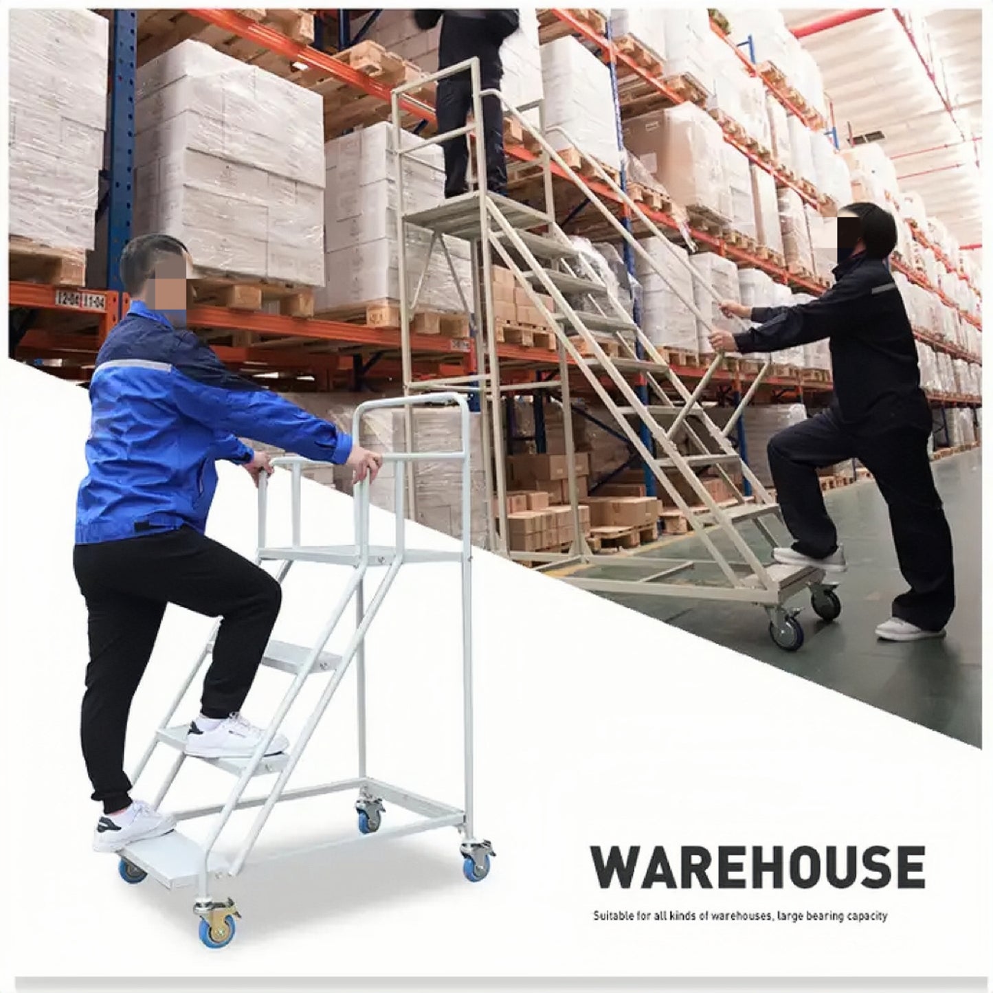 Steel 7 Step Mobile Safety Ladder With Wheels - Light Grey