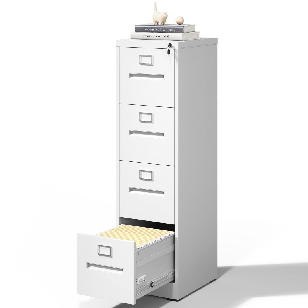 Steel Vertical 4 Drawer Filing Cabinet Cupboard Locker Inner Handle With Card Slots - White