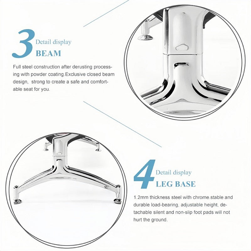 Steel Chrome Upholstered 3 Seater Waiting Area Reception Chairs - Blue