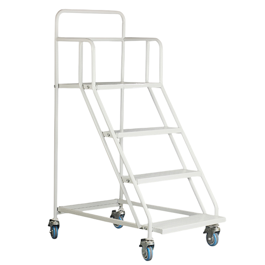 Steel 4 Step Mobile Safety Ladder With Wheels - Light Grey