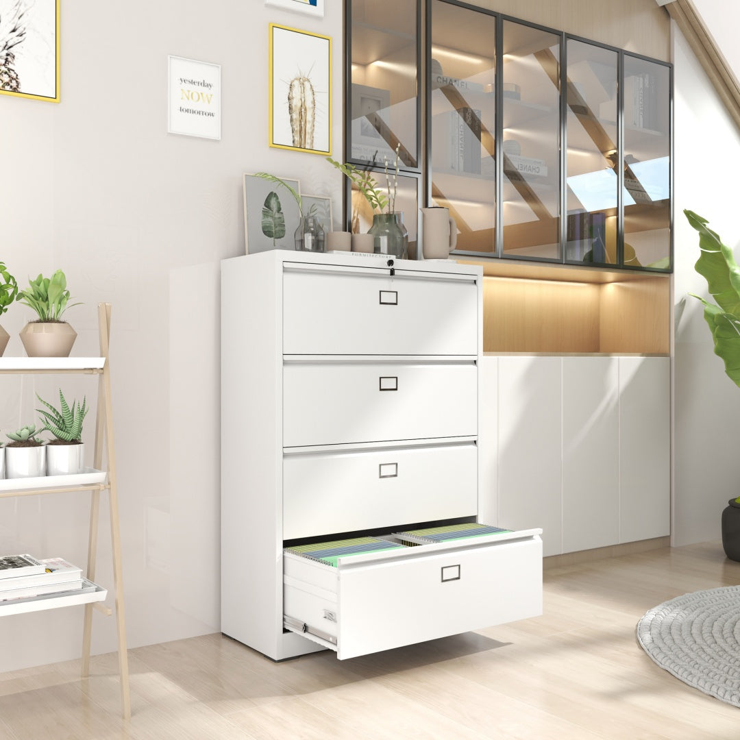 Steel Lateral 4 Drawer Filing Cabinet Cupboard Locker Swan Handle With Card Slots - White