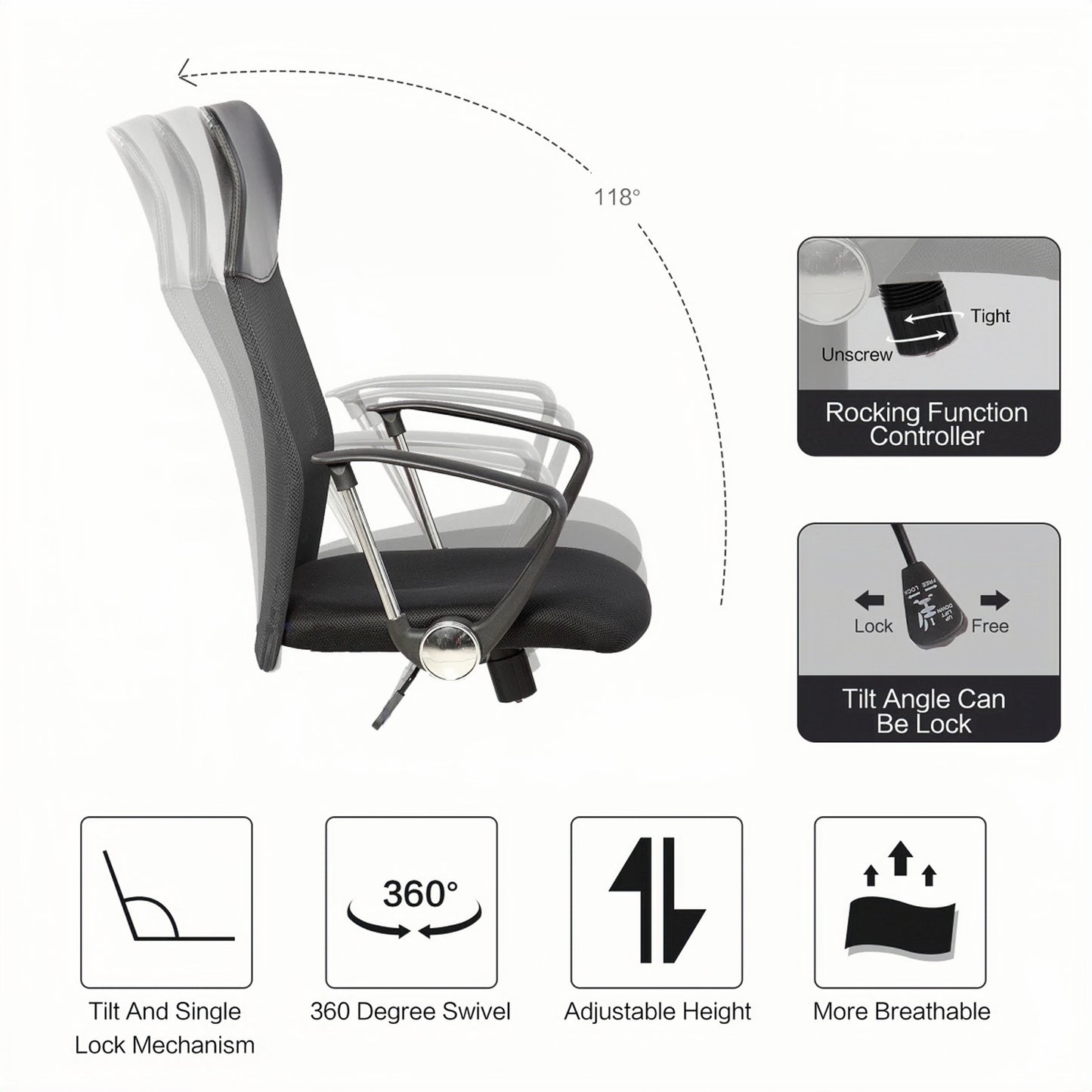 Ergonomic Mesh High-Back Office Chair With Vegan Leather Accents - Black