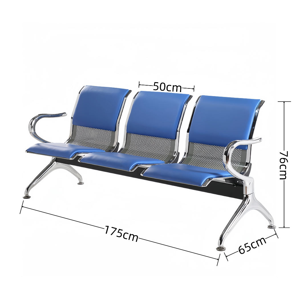 Steel Chrome Upholstered 3 Seater Waiting Area Reception Chairs - Blue
