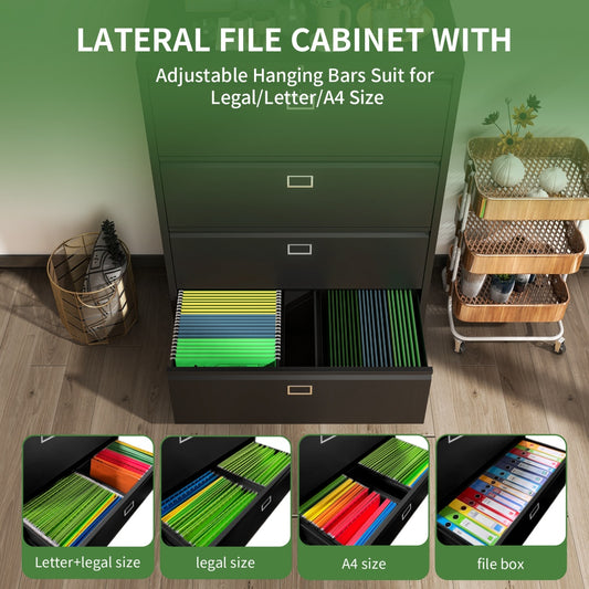 Steel Lateral 4 Drawer Filing Cabinet Cupboard Locker Swan Handle With Card Slots - Black