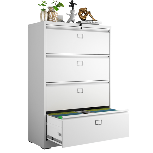 Steel Lateral 4 Drawer Filing Cabinet Cupboard Locker Swan Handle With Card Slots - White