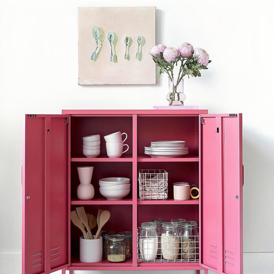 Steel Swing Door Sideboard Midi Locker Storage Cabinet Cupboard - Raspberry Pink