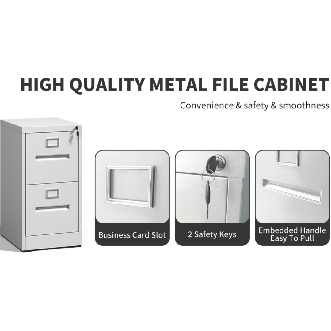 Steel Vertical 2 Drawer Filing Cabinet Cupboard Locker Inner Handle With Card Slots - White