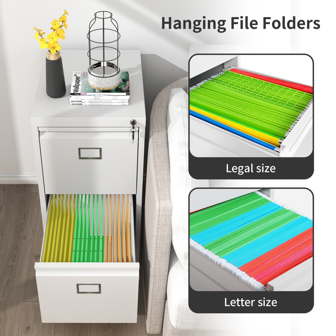 Steel Vertical 2 Drawer Filing Cabinet Cupboard Locker Swan Handle With Card Slots - White