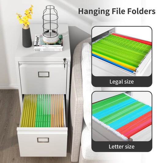 Steel Vertical 2 Drawer Filing Cabinet Cupboard Locker Swan Handle With Card Slots - White