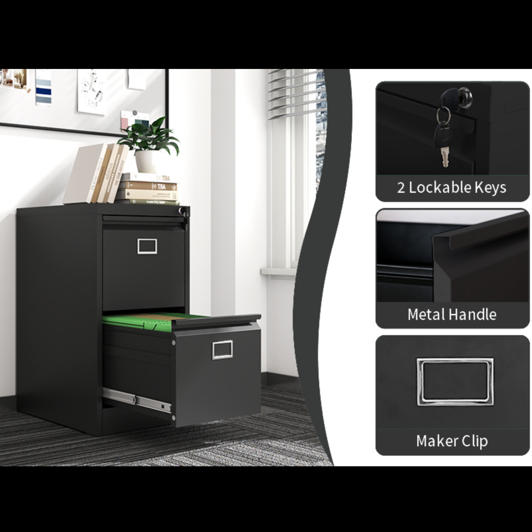 Steel Vertical 2 Drawer Filing Cabinet Cupboard Locker Swan Handle With Card Slots - Black
