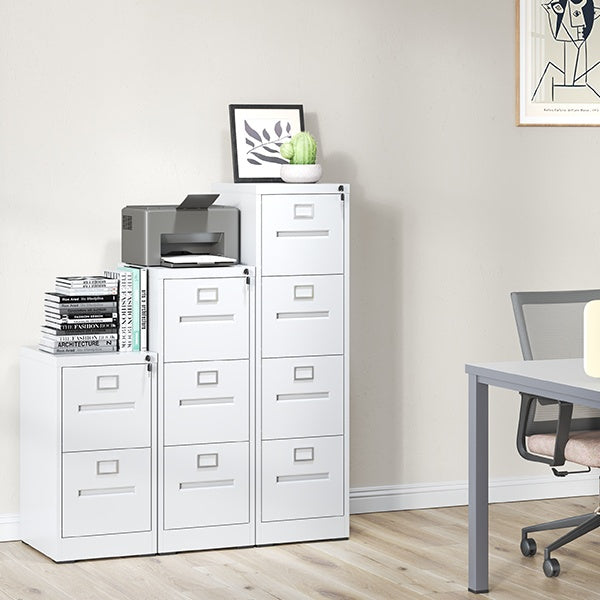 Steel Vertical 4 Drawer Filing Cabinet Cupboard Locker Inner Handle With Card Slots - White