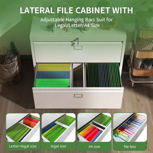 Steel Lateral 2 Drawer Filing Cabinet Cupboard Locker Swan Handle With Card Slots - White