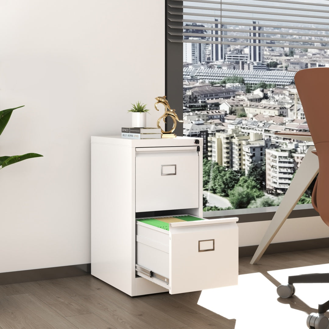 Steel Vertical 2 Drawer Filing Cabinet Cupboard Locker Swan Handle With Card Slots - White