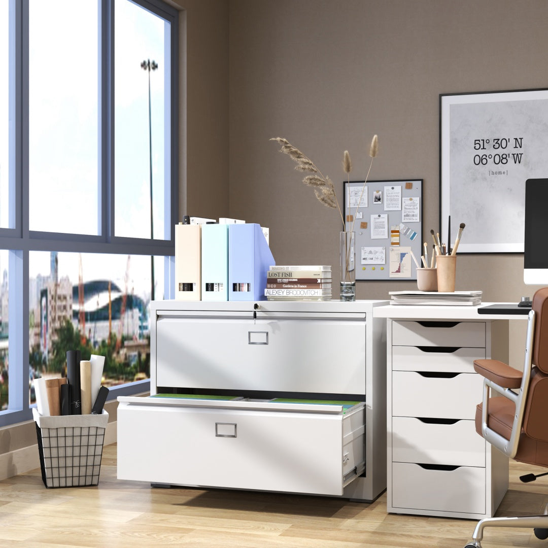 Steel Lateral 2 Drawer Filing Cabinet Cupboard Locker Swan Handle With Card Slots - White