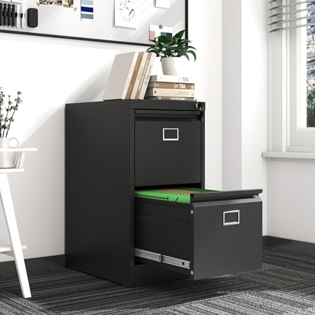 Steel Vertical 2 Drawer Filing Cabinet Cupboard Locker Swan Handle With Card Slots - Black
