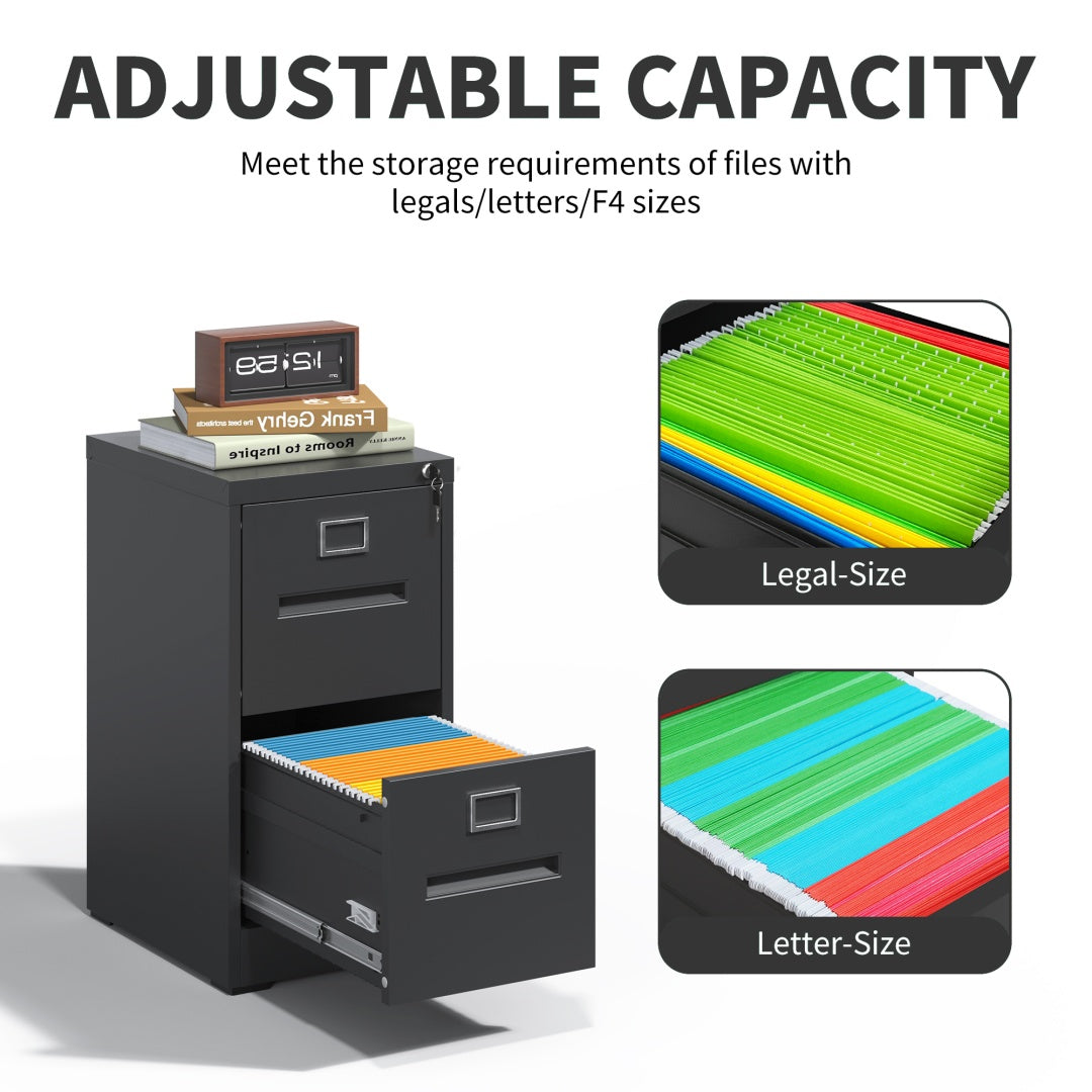 Steel Vertical 2 Drawer Inner Handle Filing Cabinet Cupboard Locker With Card Slots - Black