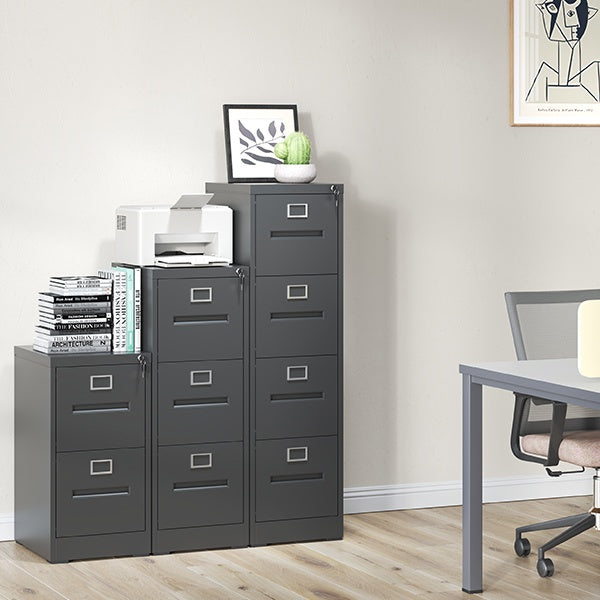 Steel Vertical 2 Drawer Filing Cabinet Cupboard Locker Inner Handle With Card Slots - Black