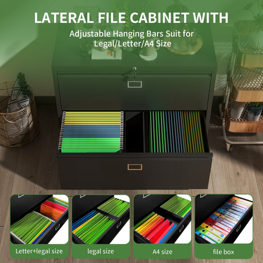 Steel Lateral 2 Drawer Filing Cabinet Cupboard Locker Swan Handle With Card Slots - Black