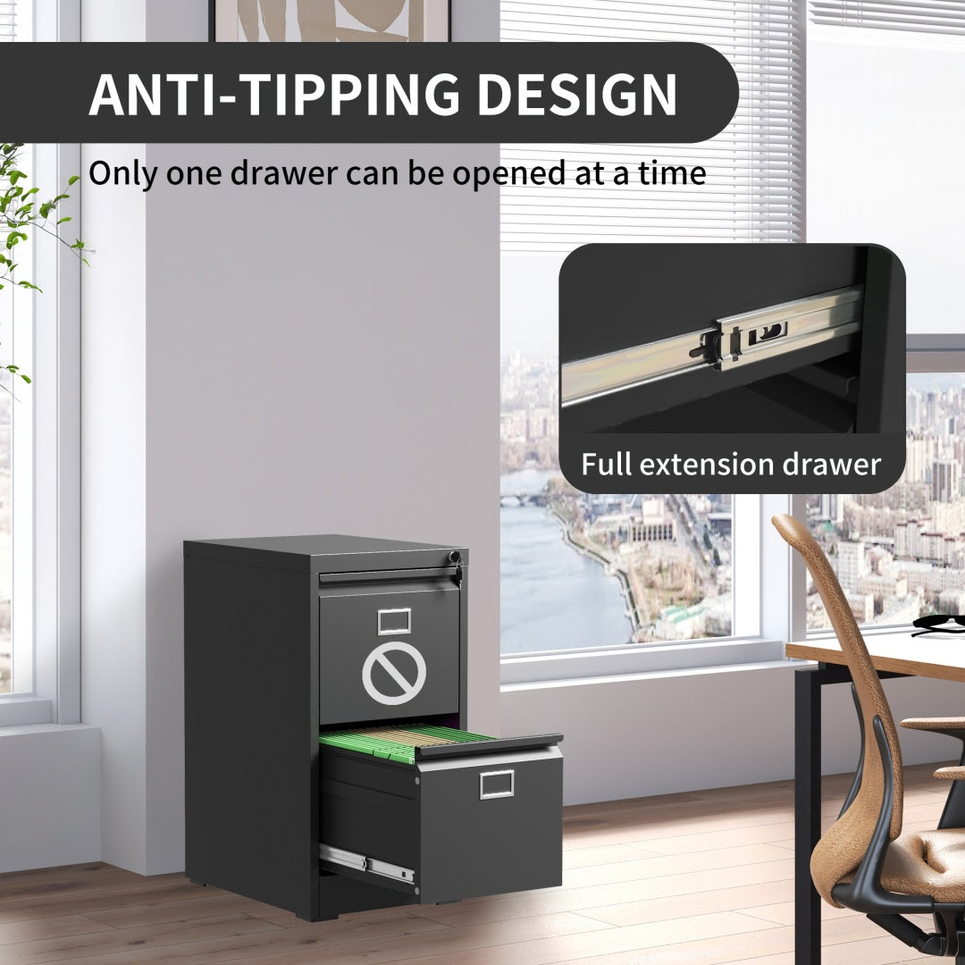 Steel Vertical 2 Drawer Filing Cabinet Cupboard Locker Swan Handle With Card Slots - Black