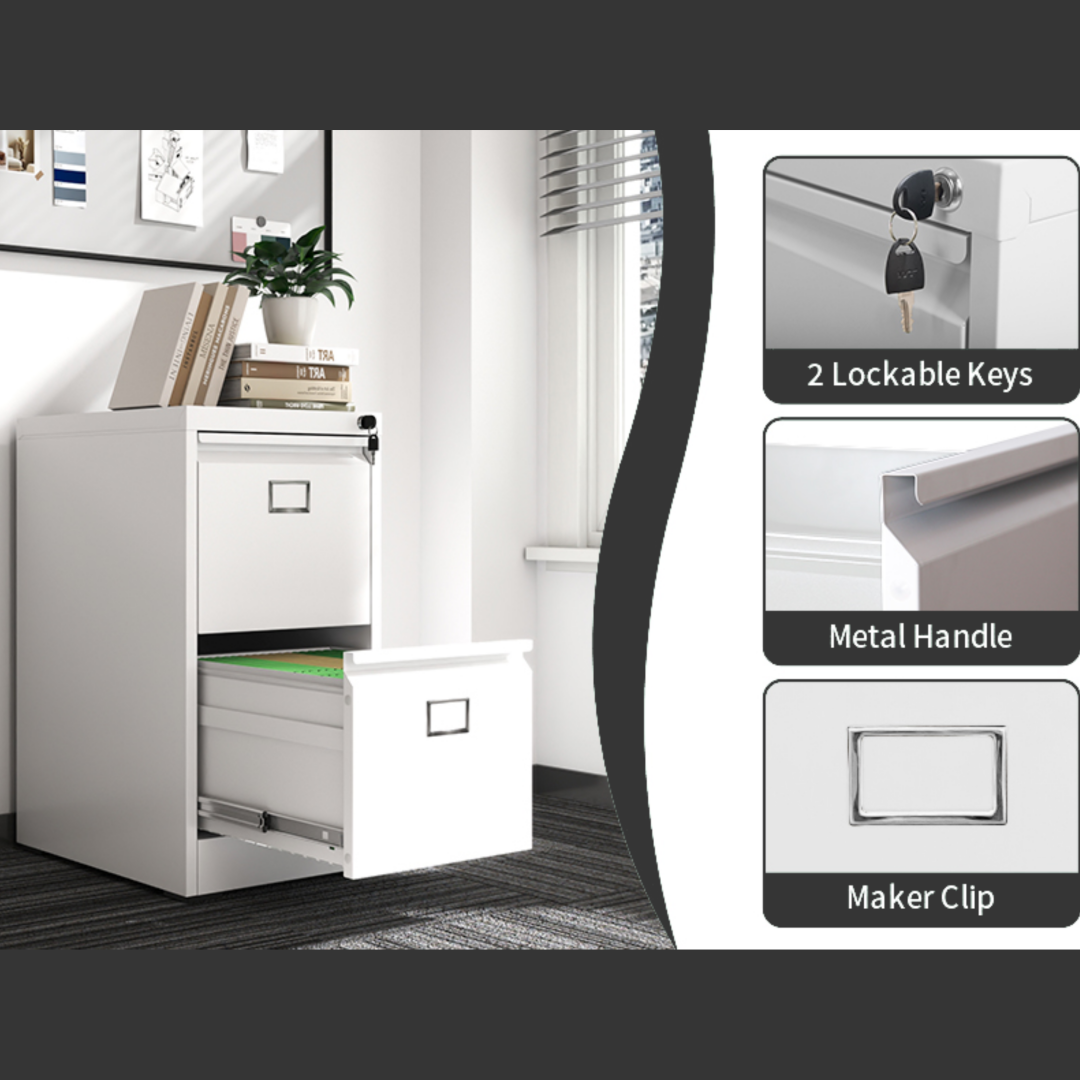 Steel Vertical 2 Drawer Filing Cabinet Cupboard Locker Swan Handle With Card Slots - White