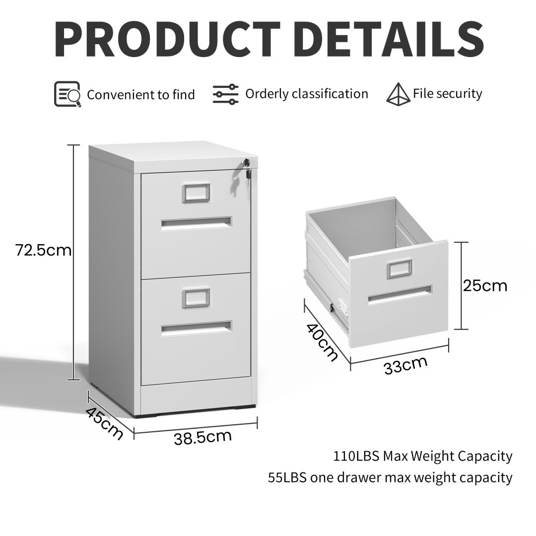 Steel Vertical 2 Drawer Filing Cabinet Cupboard Locker Inner Handle With Card Slots - White
