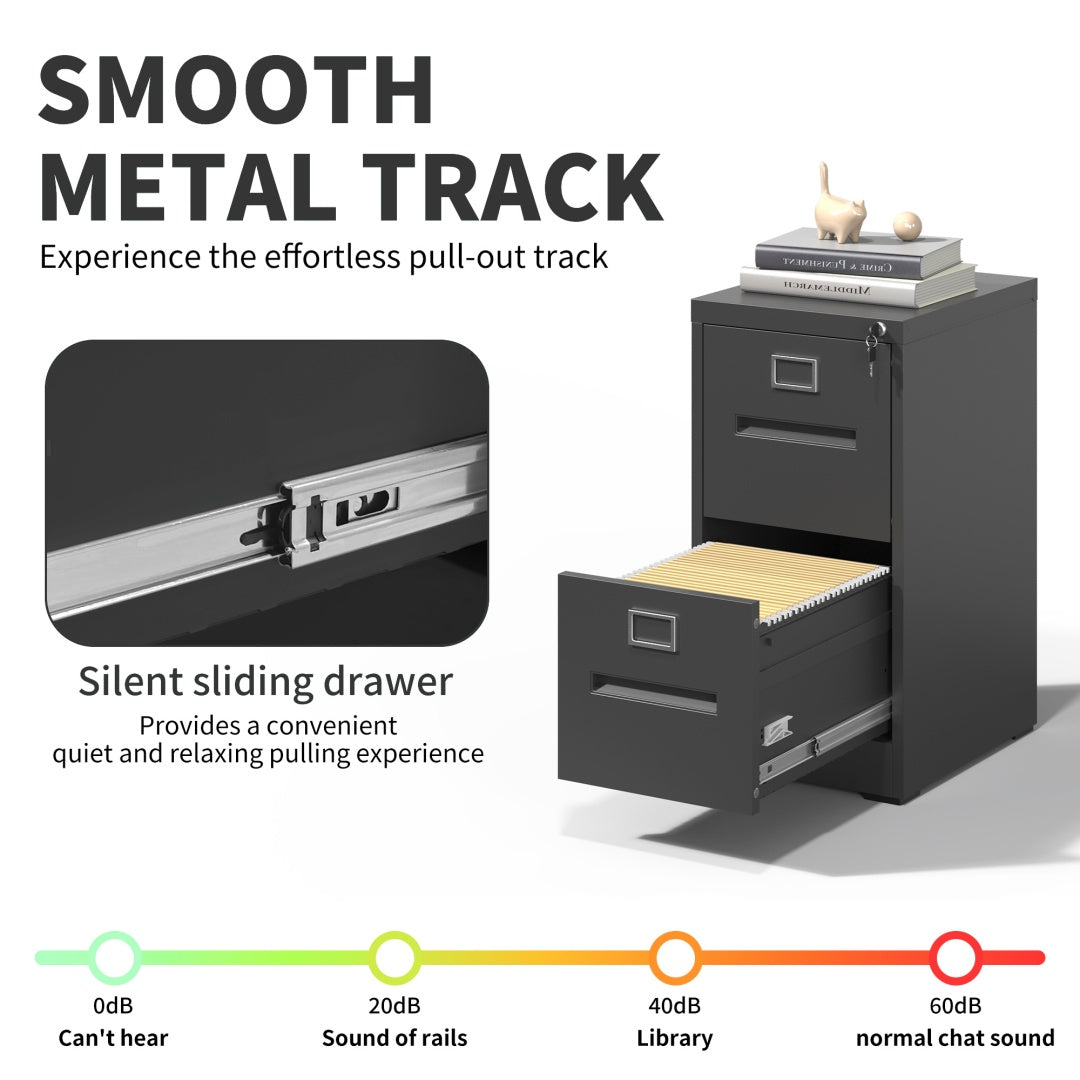 Steel Vertical 2 Drawer Filing Cabinet Cupboard Locker Inner Handle With Card Slots - Black