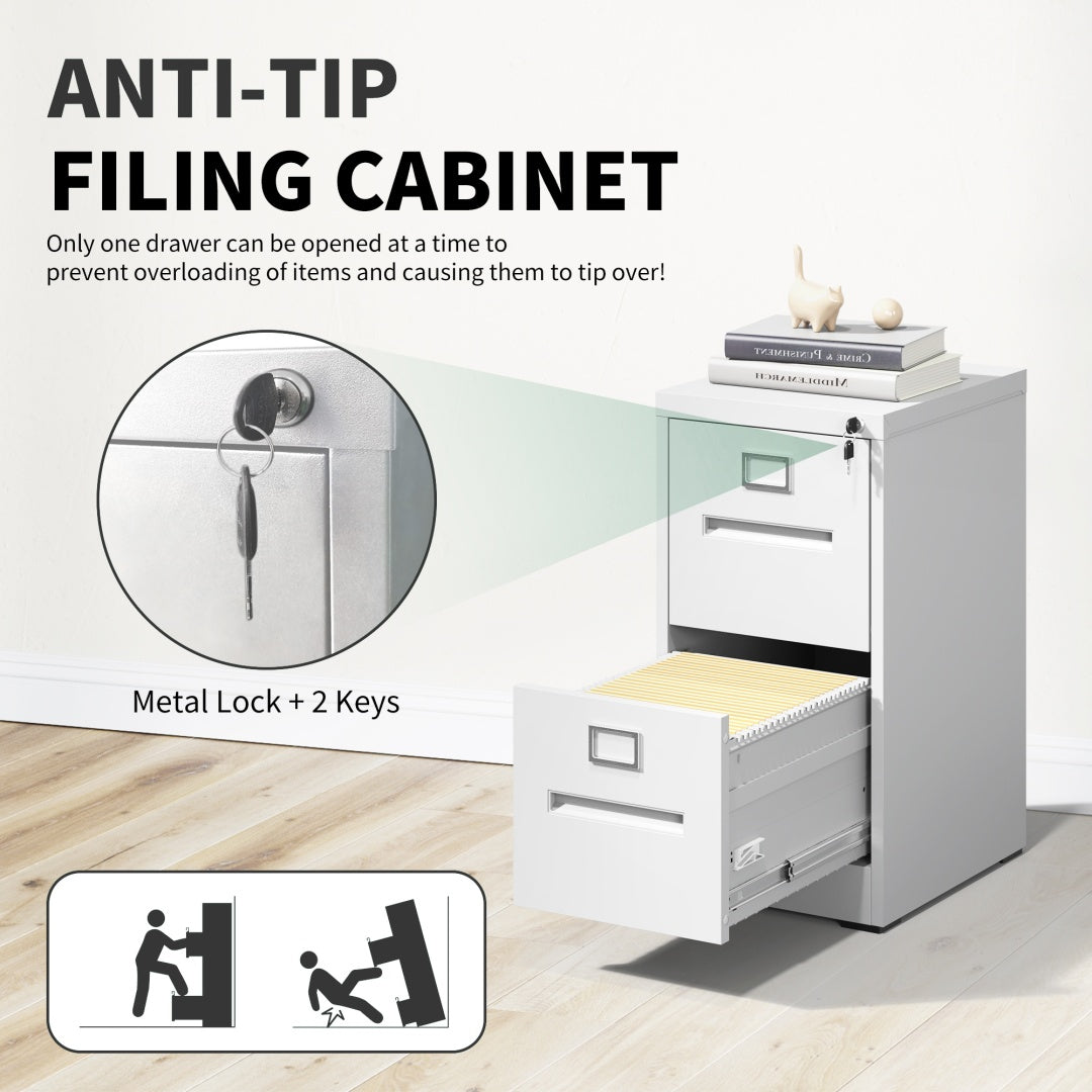 Steel Vertical 2 Drawer Filing Cabinet Cupboard Locker Inner Handle With Card Slots - White
