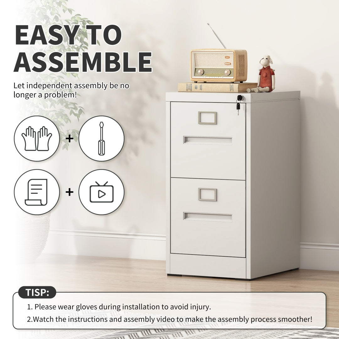 Steel Vertical 2 Drawer Filing Cabinet Cupboard Locker Inner Handle With Card Slots - White