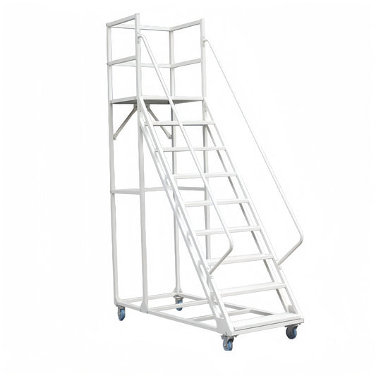 Steel 9 Step Mobile Safety Ladder With Wheels - Light Grey